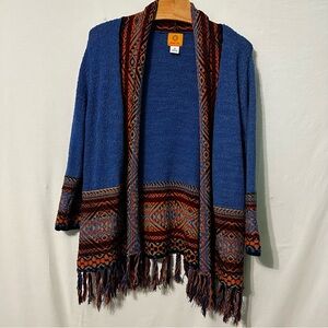 Ruby Rd Open Front Cardigan Blue Aztec Southwest Print Womens Medium Fringe Boho